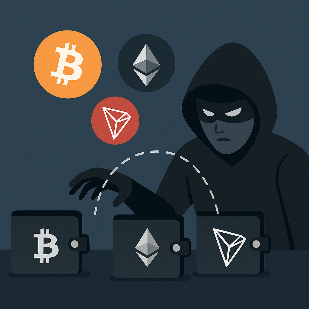 Did I Get Scammed With My Crypto – hacker stealing crypto from digital wallets with Bitcoin, Ethereum, and Tron symbols
