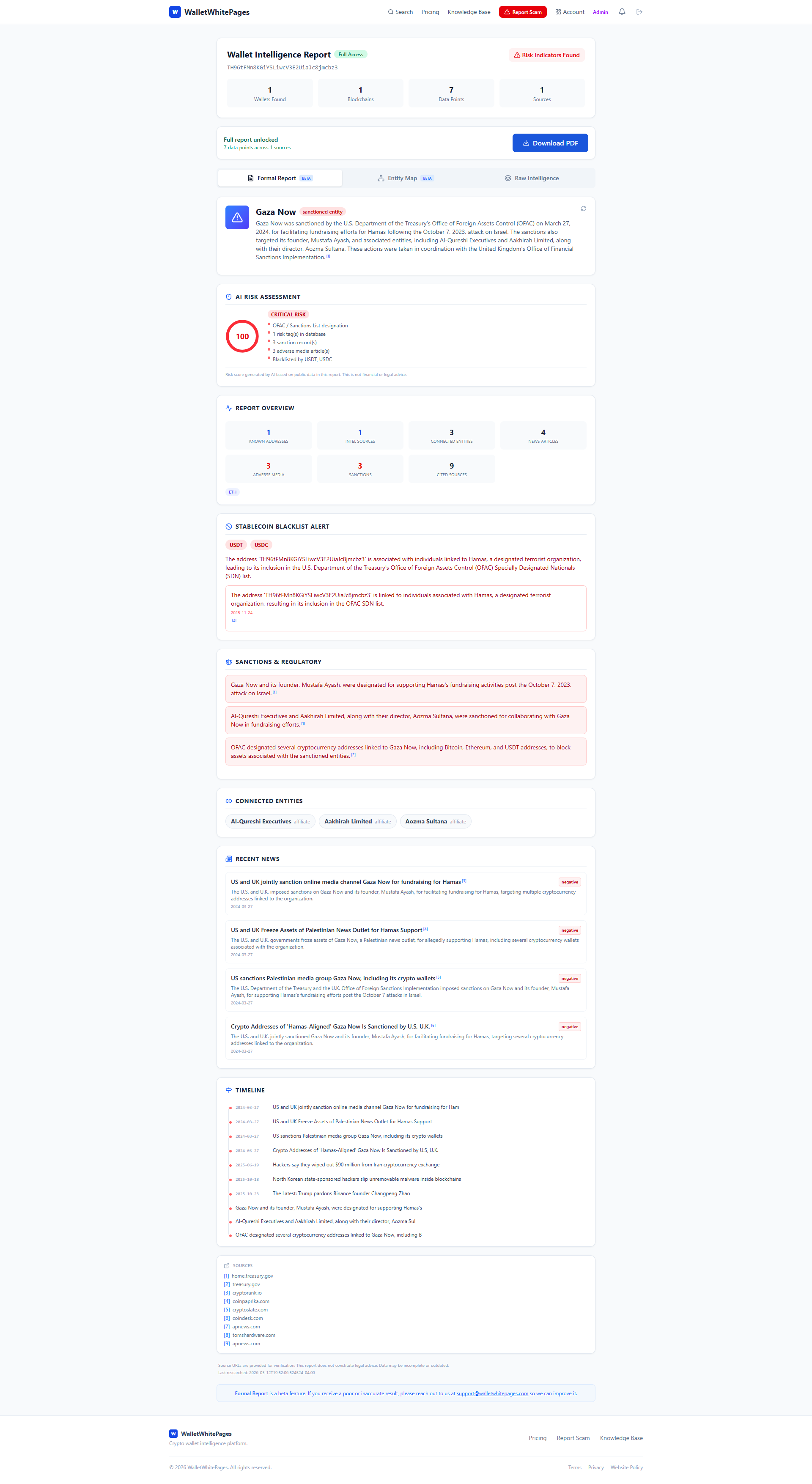 Crypto wallet address checker formal report showing a risk score, sanctions checks, connected entities, and cited sources